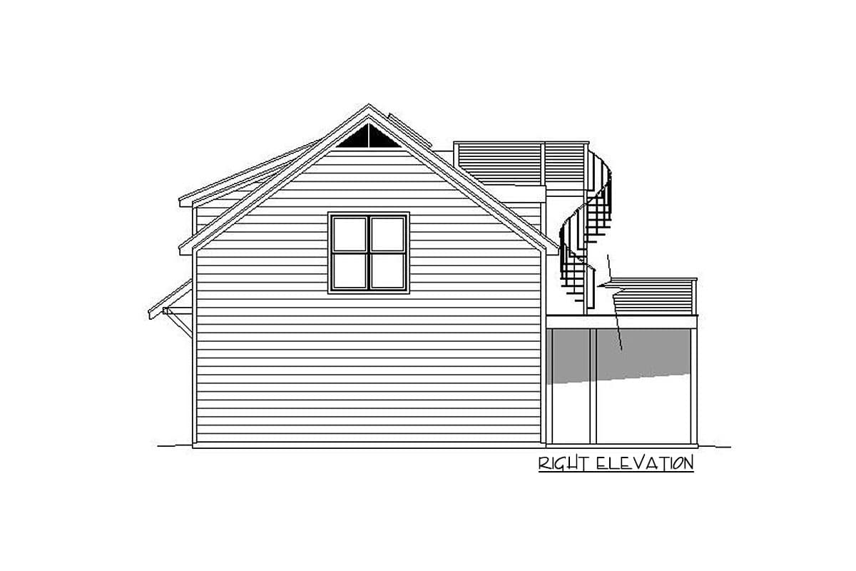 Right elevation drawing of a house plan, featuring horizontal siding, a gabled roof, and an exterior spiral staircase to a deck.