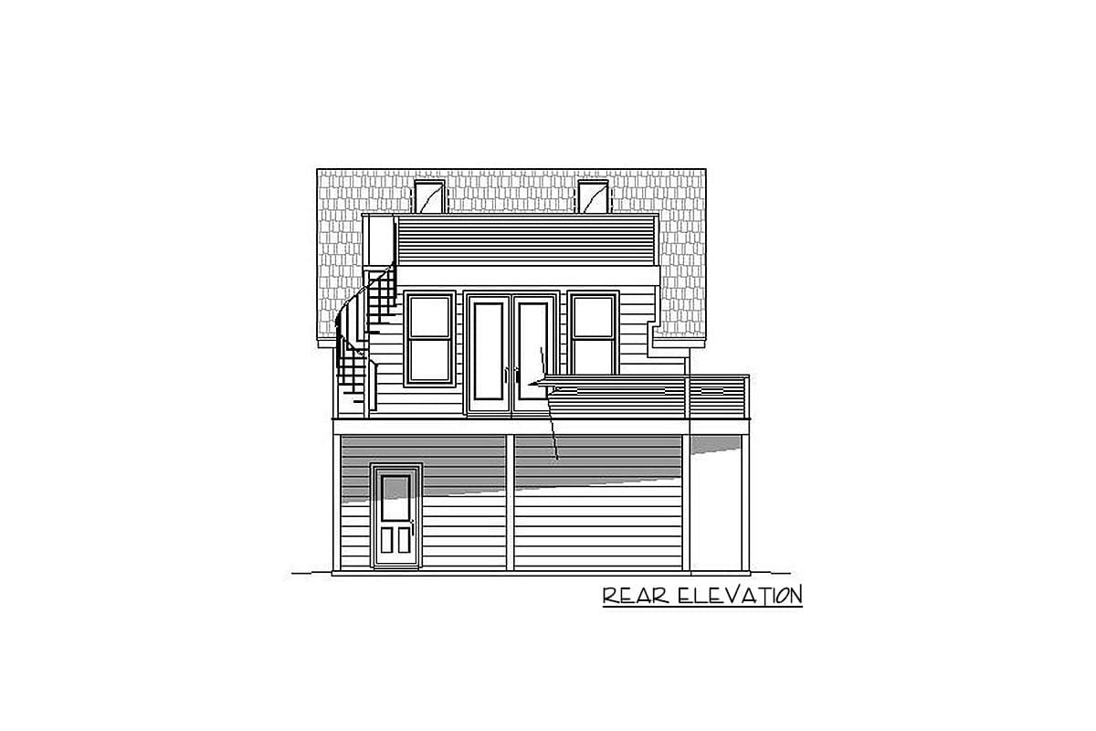 Rear elevation house plan drawing showing two stories, double doors, windows, balcony, spiral stairs, and a lower-level door.