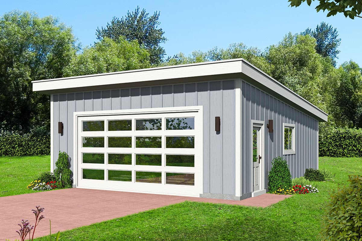 Modern garage exterior with gray vertical siding, wide glass-paneled garage door, and single entry door.