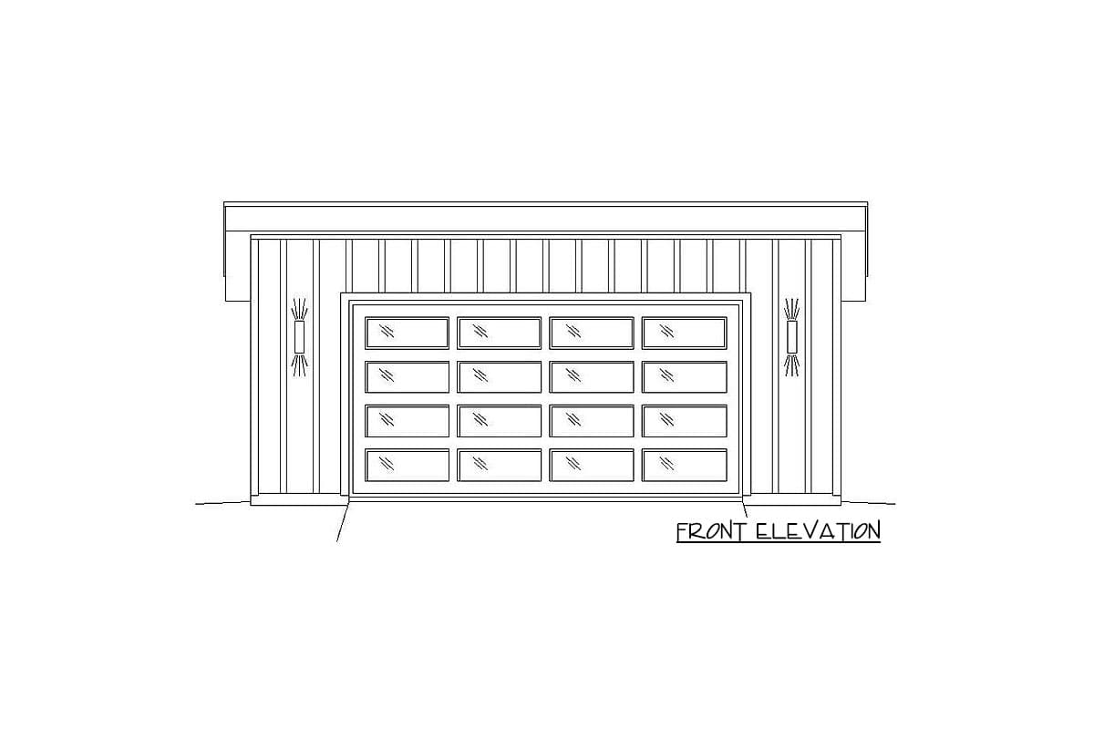 Front elevation drawing of a garage door with 16 window panes and vertical siding.