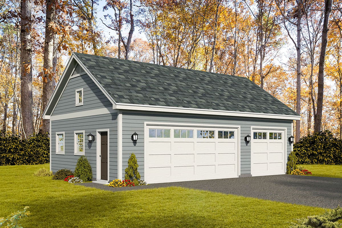 House plan exterior featuring a two-car garage with a gabled roof, horizontal siding, and multiple windows above the garage doors.