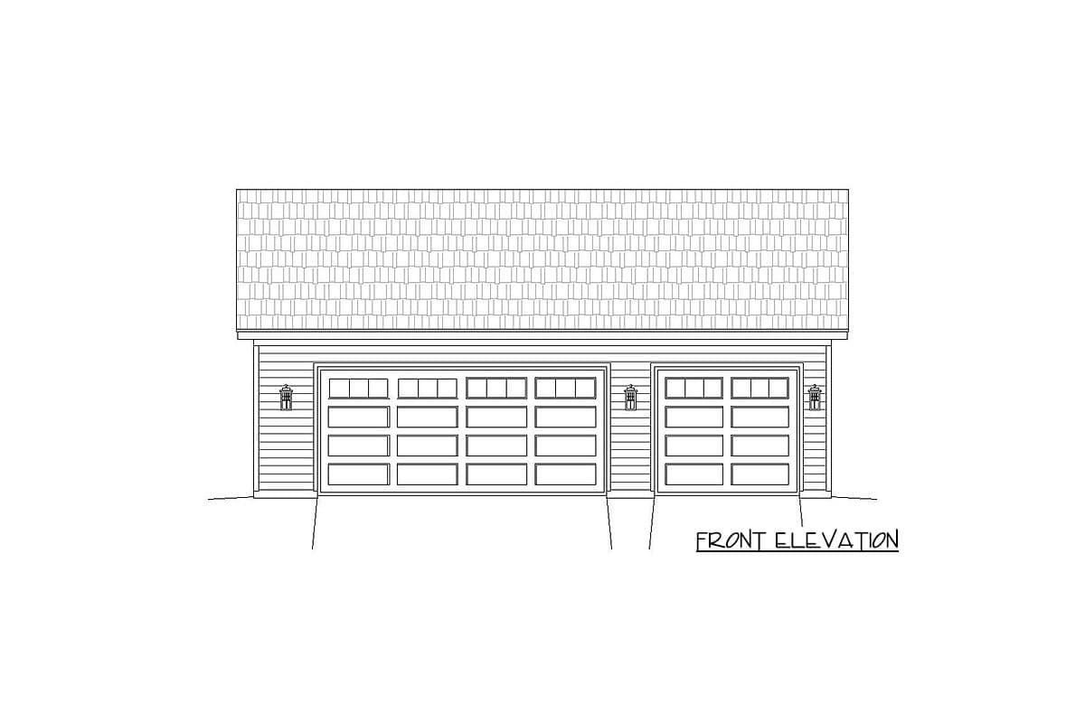 Front elevation drawing of a garage with two double doors and one single door, sided with horizontal clapboard.