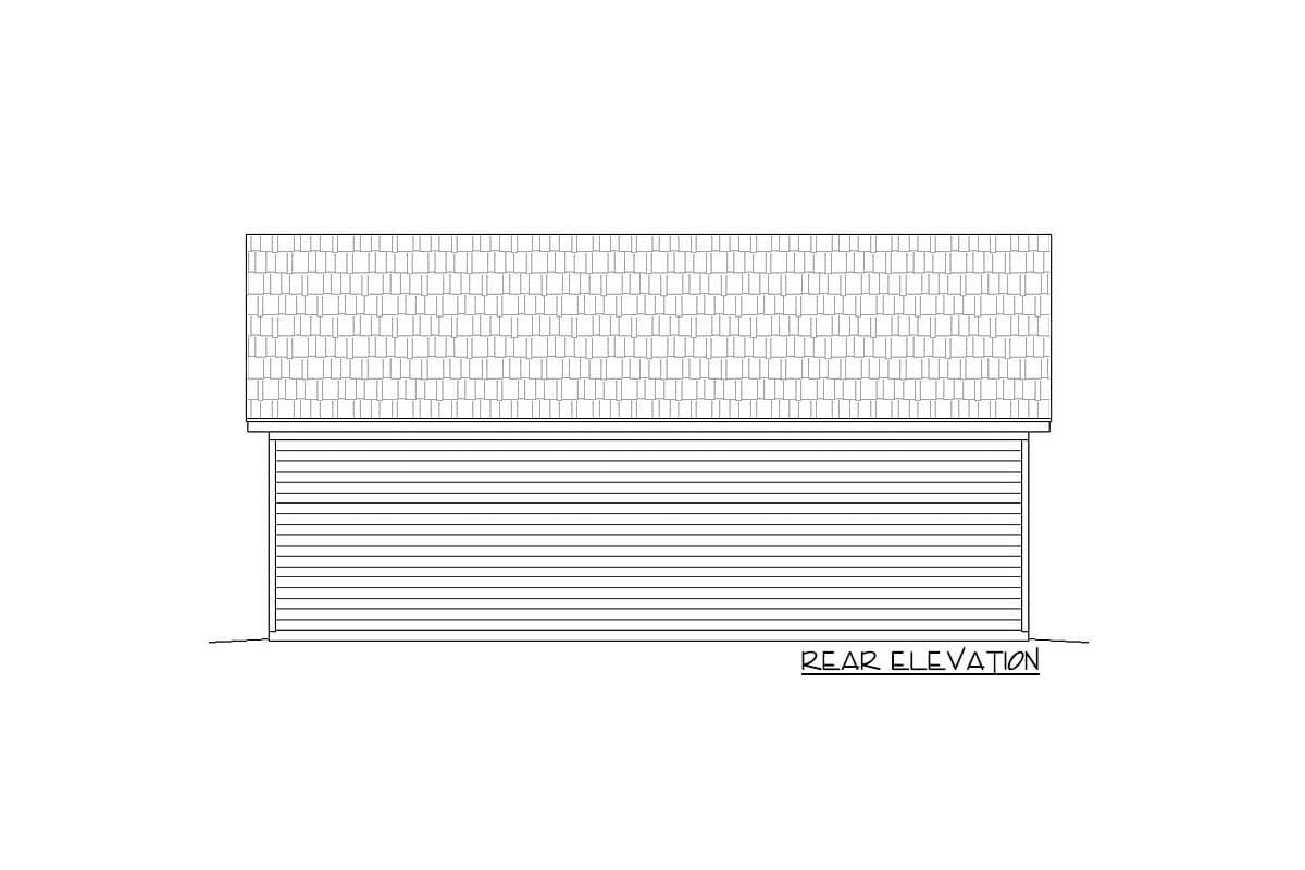 Rear elevation drawing of a house plan with horizontal siding and a shingled roof.