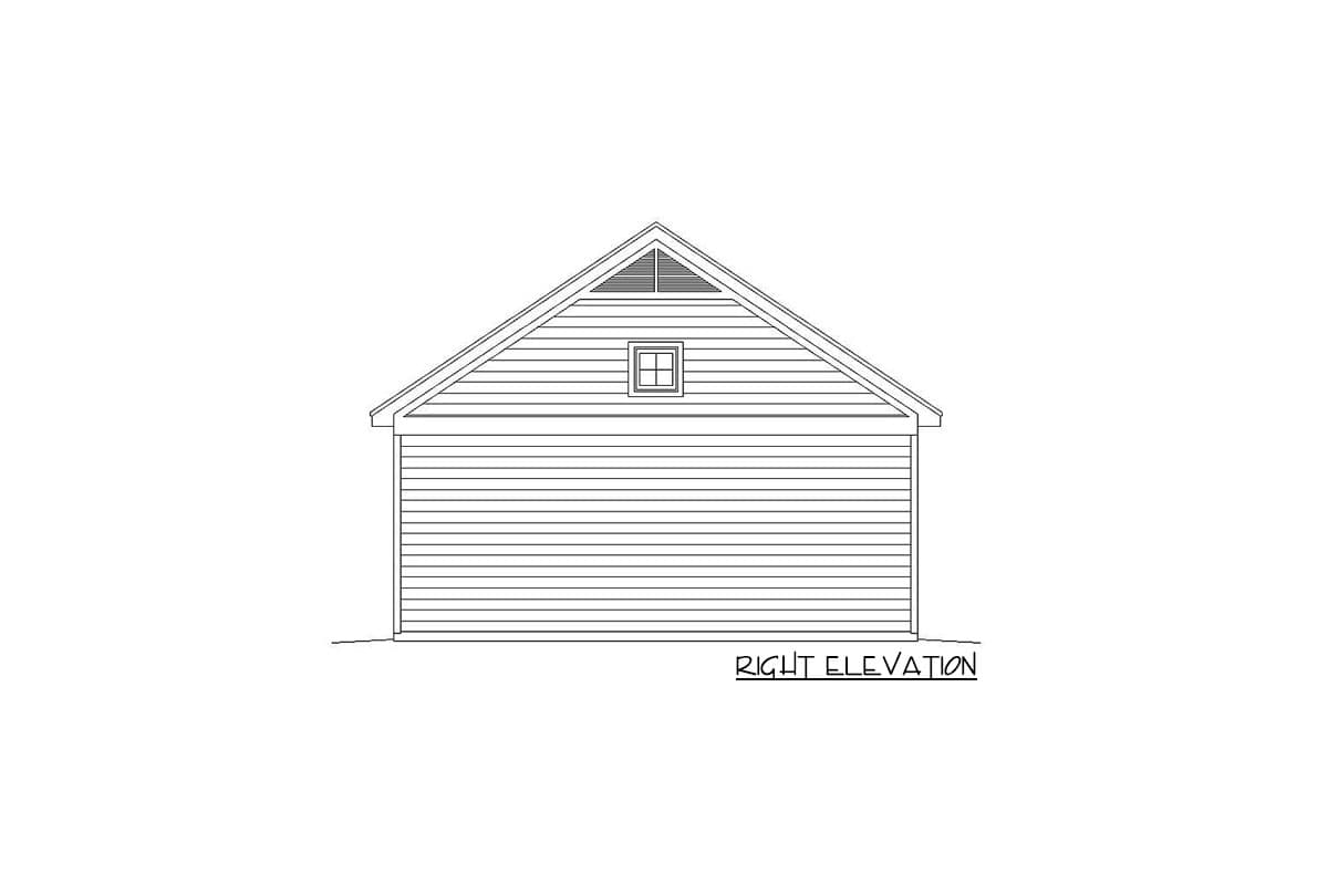 Right elevation drawing of a house with horizontal siding, a gable roof, a small square window, and a vented gable.