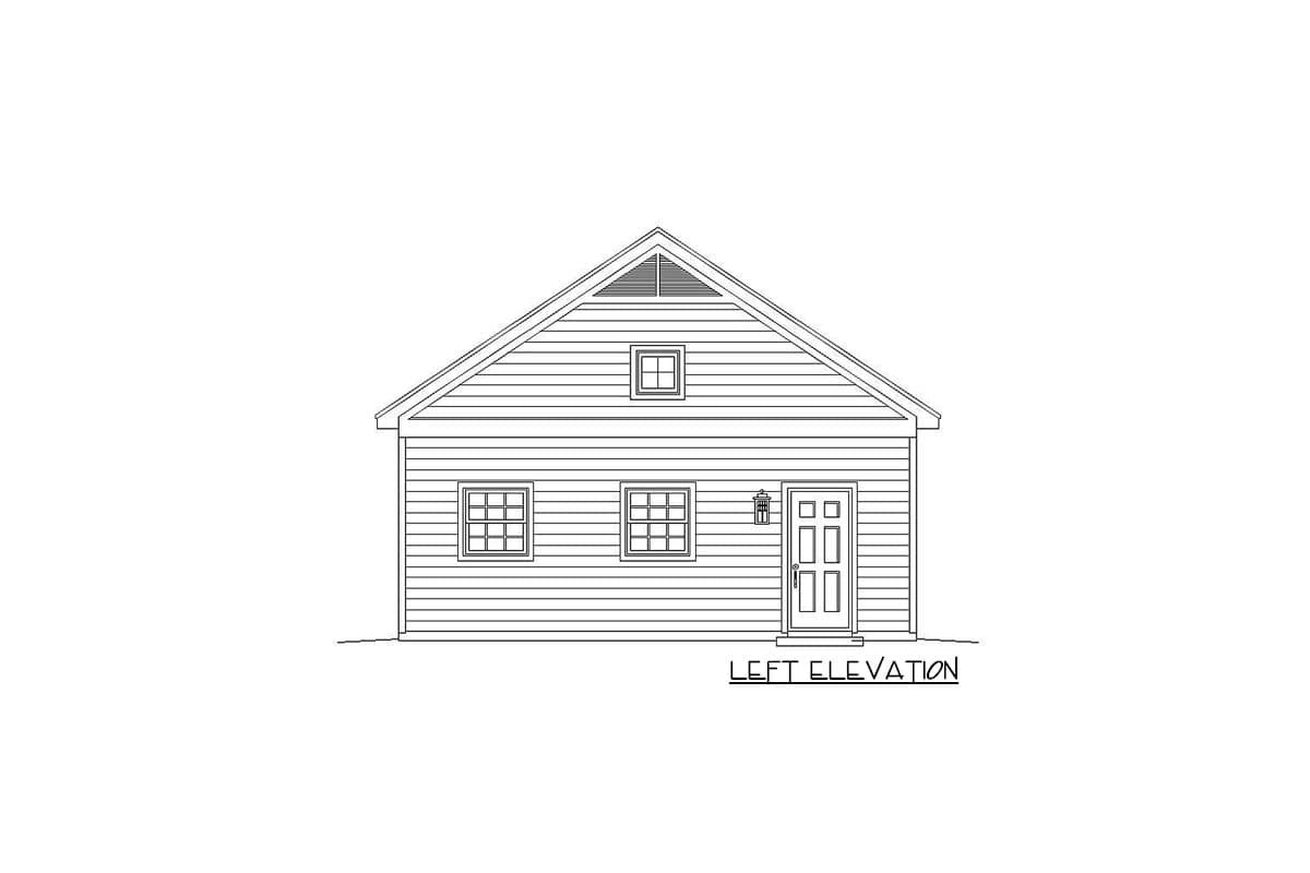 Left elevation drawing of a one-story house with siding, two windows, a dormer, and a door.