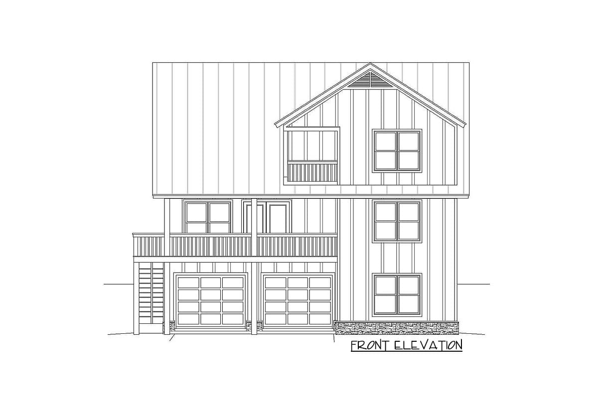 Front elevation drawing of a two-story house plan with a metal roof, two garage doors, and a second-story balcony.