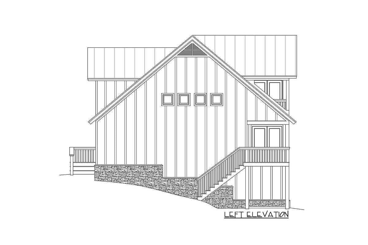 Left elevation of a house plan showing vertical siding, a gabled roof, stone foundation, and a large deck with stairs.