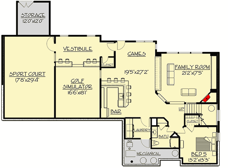 Plan 73401HS: Luxury Home Plan with 4-Season Porch and Indoor Sport Court - Floor Plan - Lower Level - Craftsman, New American, Northwest