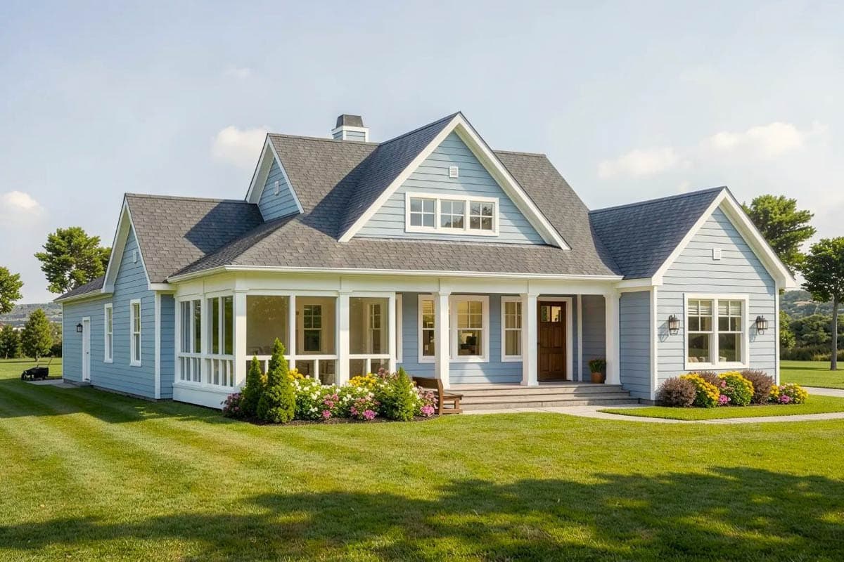 A beautiful blue farmhouse with white trim sits on a large green lawn under a partly cloudy sky. The home has a porch and several windows.