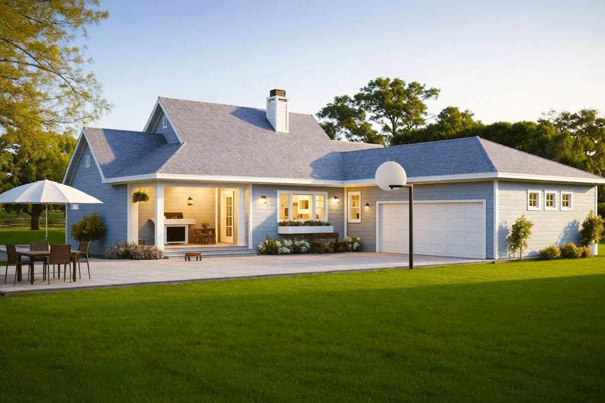 House plan exterior: Modern Farmhouse style, single story, with covered porch, outdoor kitchen, and attached three-car garage.