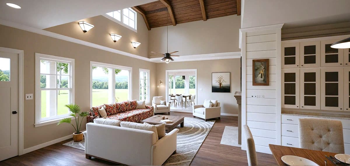 Great room with vaulted ceiling, exposed beams, large windows, fireplace, and adjacent dining area.