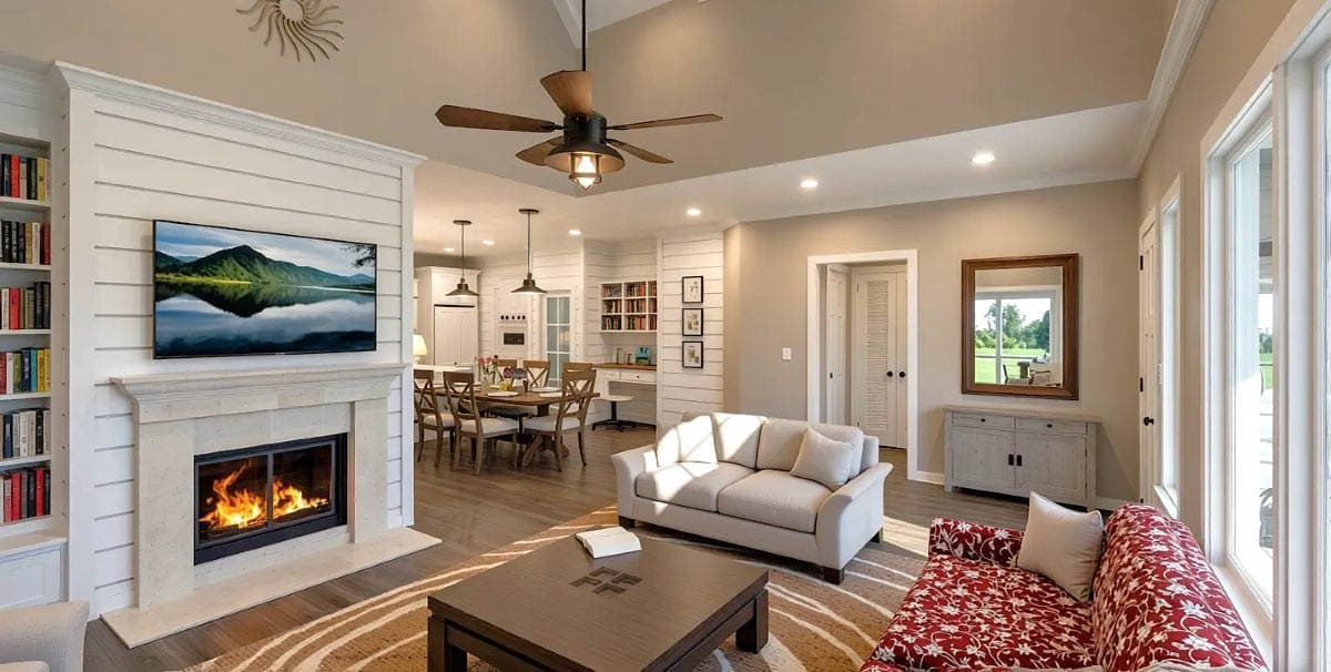 Open-concept living area with vaulted ceiling, fireplace, built-in bookshelves, and dining area.
