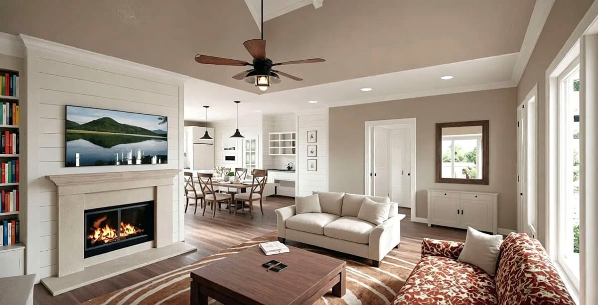 Open-concept living area with vaulted ceiling, fireplace, built-in bookshelves, and dining area.