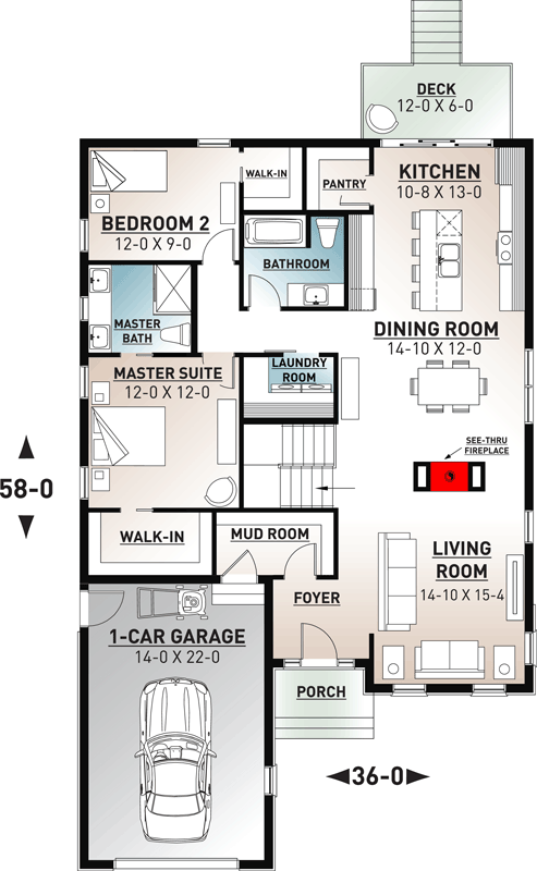 Plan 22537DR: One-Story 2-Bed House Plan with an Open Floor Plan - Floor Plan - Main Level - Cottage, Craftsman, New American, Traditional