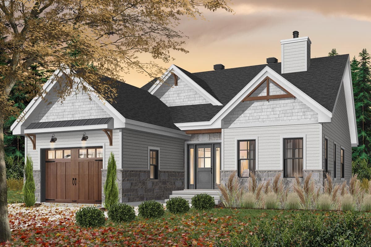 House plan exterior: Modern Farmhouse style, one story, with stone accents, wood garage door, and gabled rooflines.