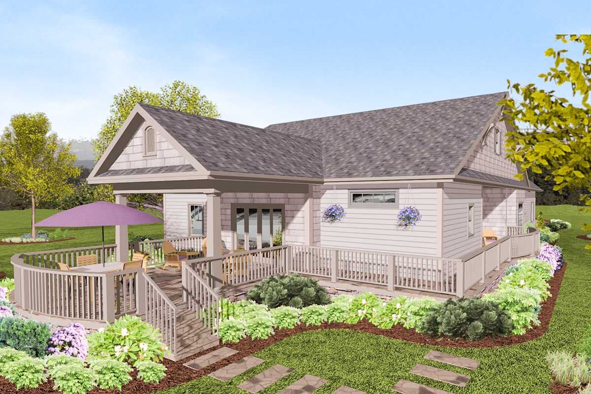 House plan exterior featuring a covered porch, gabled dormer, extensive wraparound deck with curved sections, and lap siding.
