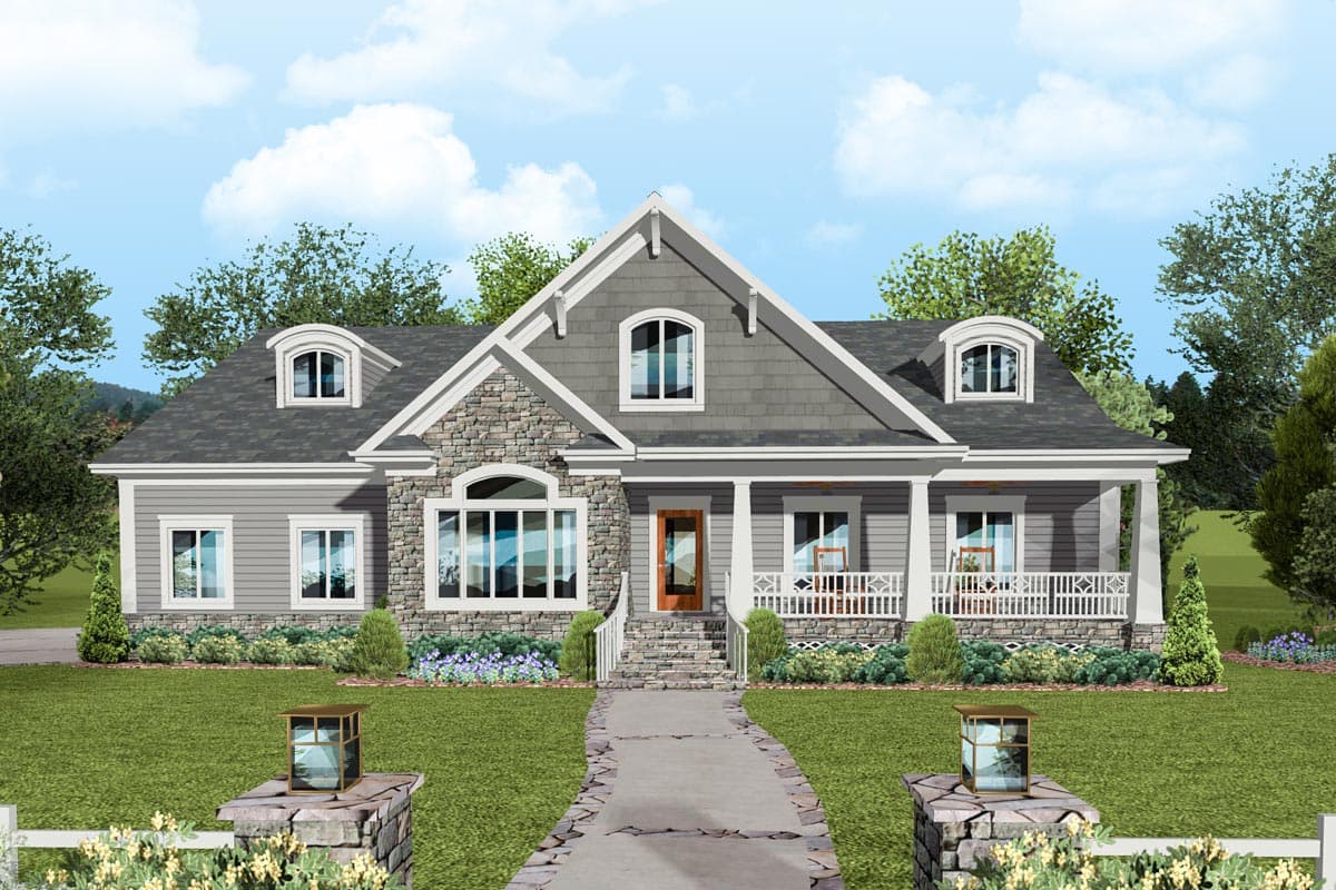 House plan exterior with stone accents, front porch, and dormers. Features include gabled roof, arched window, and entryway stairs.