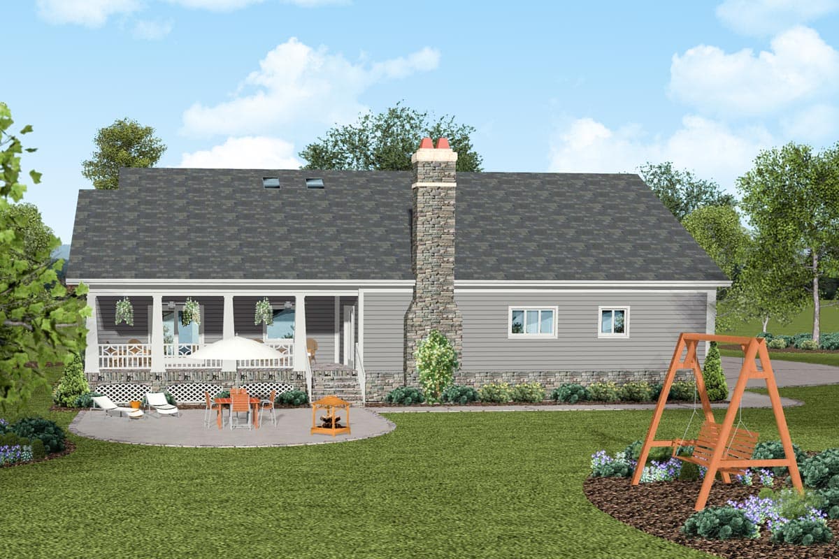House plan exterior: Single-story with covered porch, stone chimney, gables, and two dormer windows.