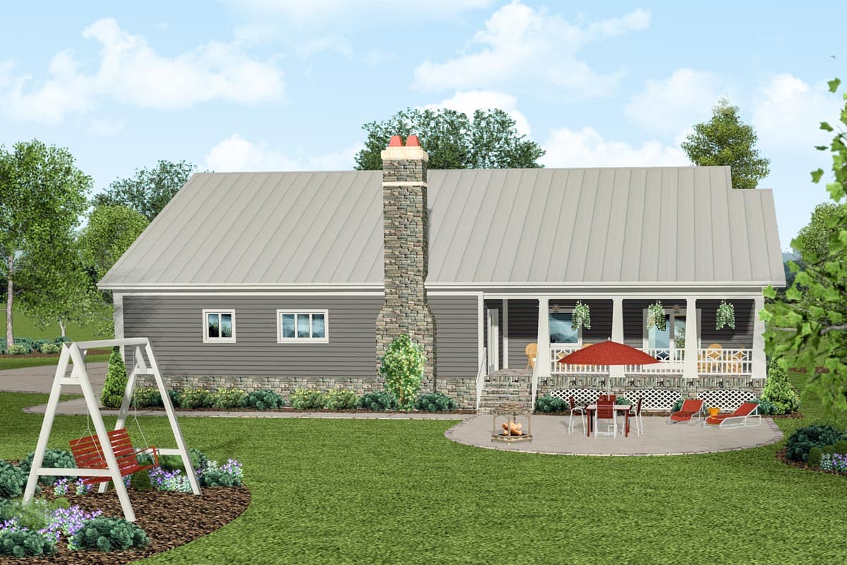 House plan exterior: Ranch style, single story with stone chimney, metal roof, front porch with columns, and two windows.