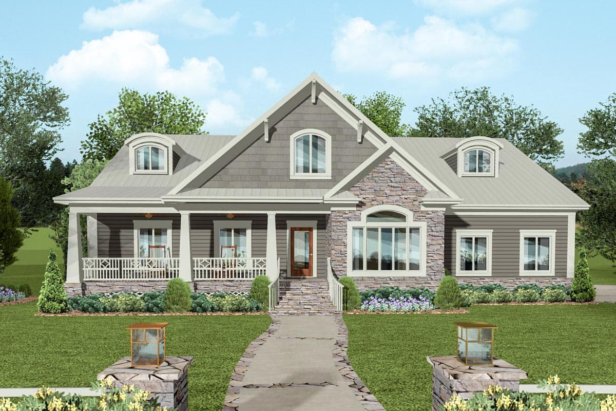 House plan exterior. Craftsman style with a gabled roof, stone facade, and a covered porch. Features dormer windows and a central entry.
