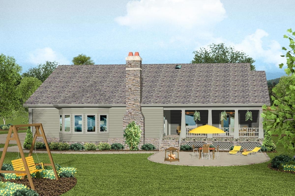 House plan exterior: One-story house with a prominent stone chimney, bay windows, and a covered rear porch with railings.