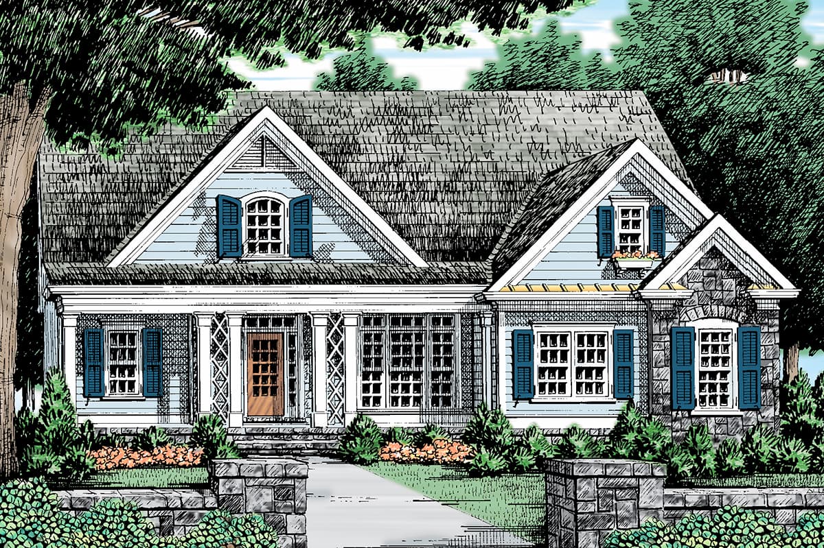 House plan exterior: Two-story Modern Farmhouse with stone accents, a covered porch, multiple gables, and dormer windows.