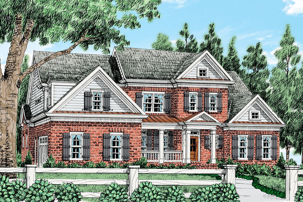 House plan exterior featuring a two-story Colonial style with multiple gables, a covered porch, and brick facade.