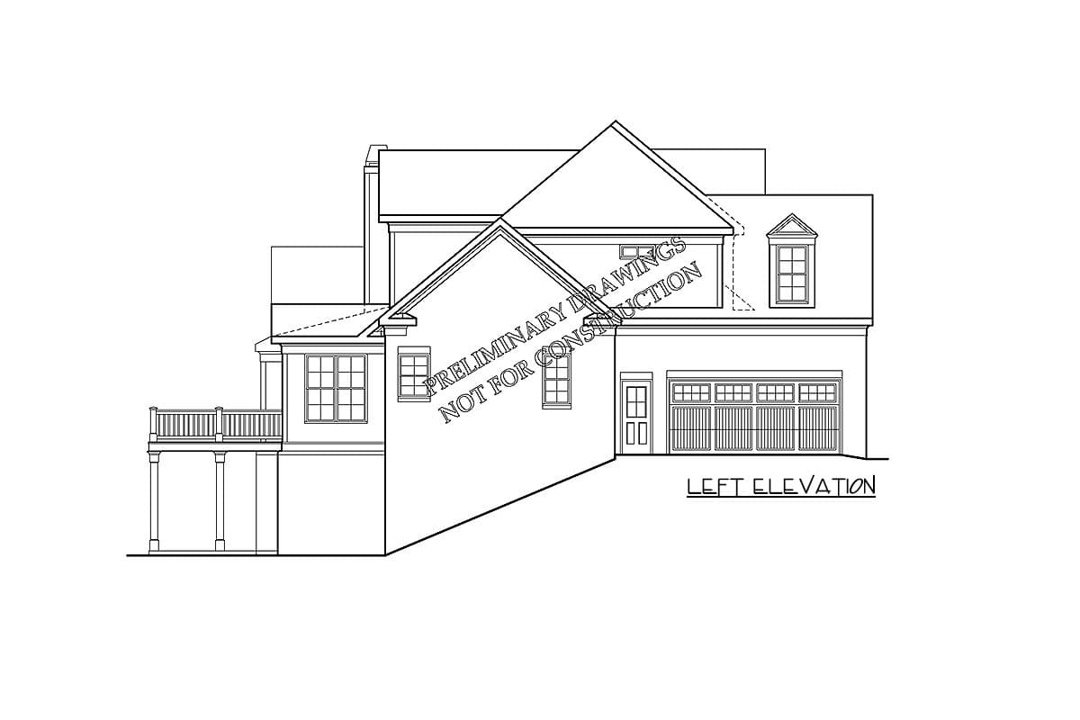 Left elevation of house plan showing a multi-story structure with a covered deck, gables, dormers, and a three-car garage.
