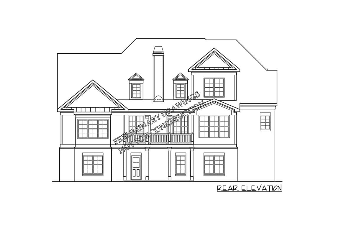 Rear elevation drawing of a two-story house plan with multiple gables, dormers, a covered porch, and a second-story balcony.