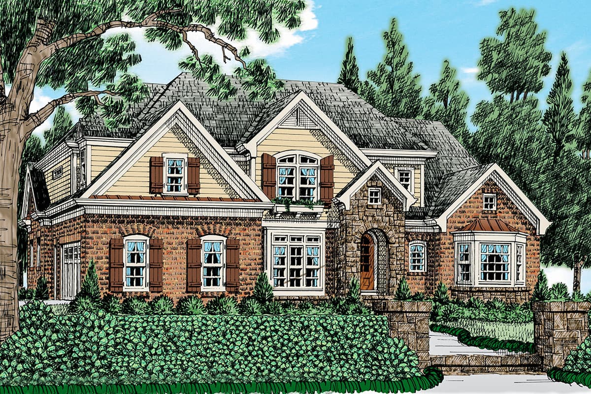 House plan exterior with stone entry arch, multiple gables, and shuttered windows. Features include a bay window and brick and siding facade.