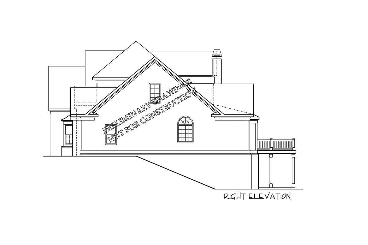 Right elevation drawing of a house plan showing multiple rooflines, dormers, windows, and a covered deck.