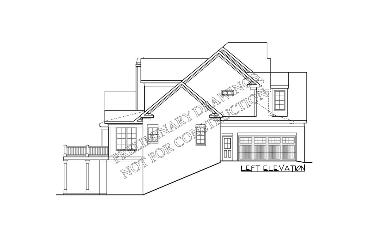 House plan left elevation showing a two-story home with a pitched roof, multiple gables, a deck, and a side-entry garage.