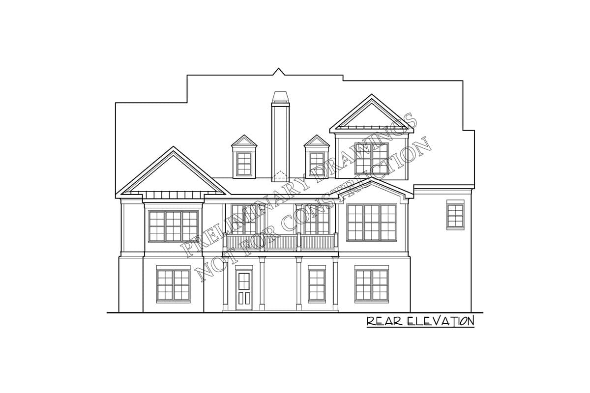 Rear elevation house plan with central second-story balcony, prominent gables, multiple dormers, and a tall chimney.