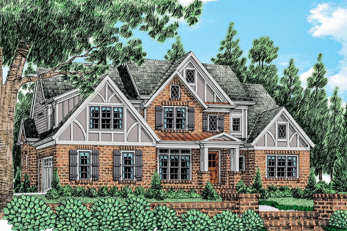 House plan exterior. Two-story Tudor style home with multiple gables, decorative shutters, and a covered front porch.