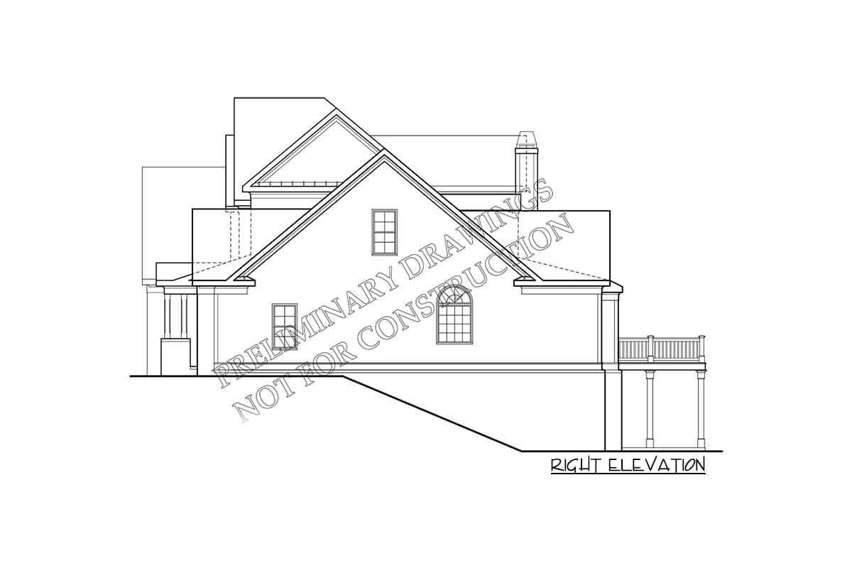 Right elevation house plan drawing showing multiple gables, a chimney, and a deck.