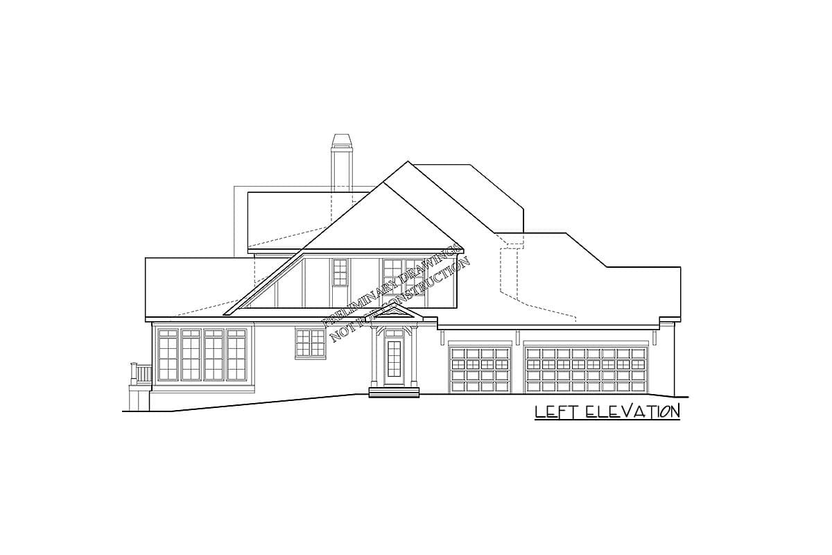 Left elevation house plan showing a multi-story structure with gables, dormers, a porch, and a three-car garage.