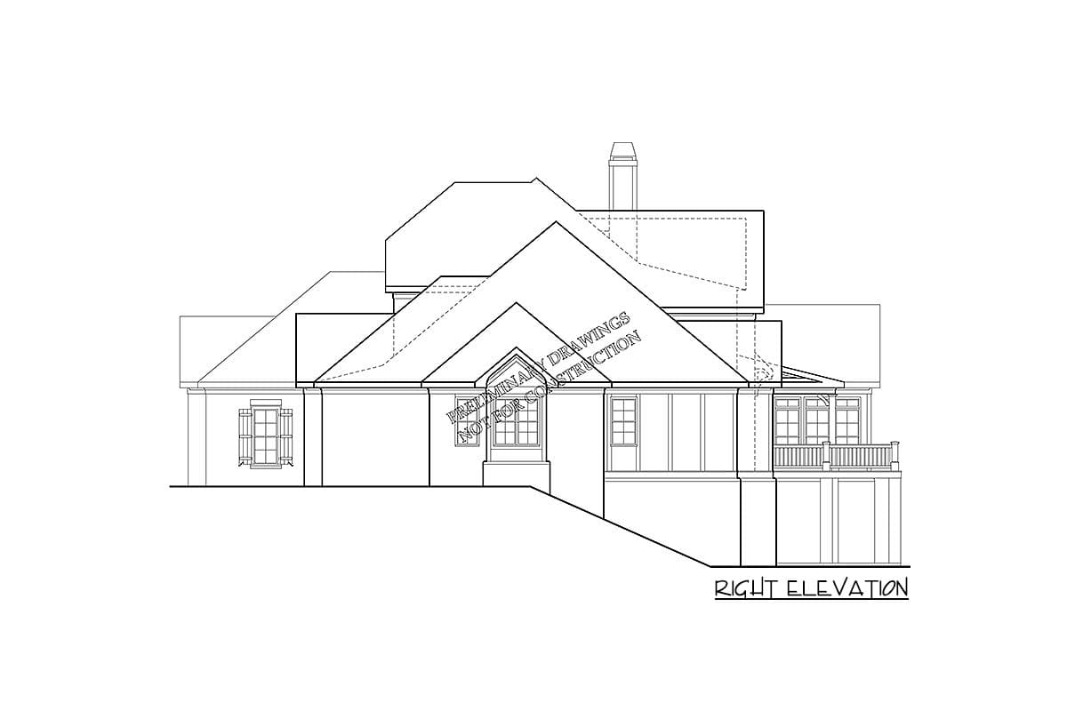 House plan right elevation drawing showing multiple gables, dormers, a chimney, and a covered porch.