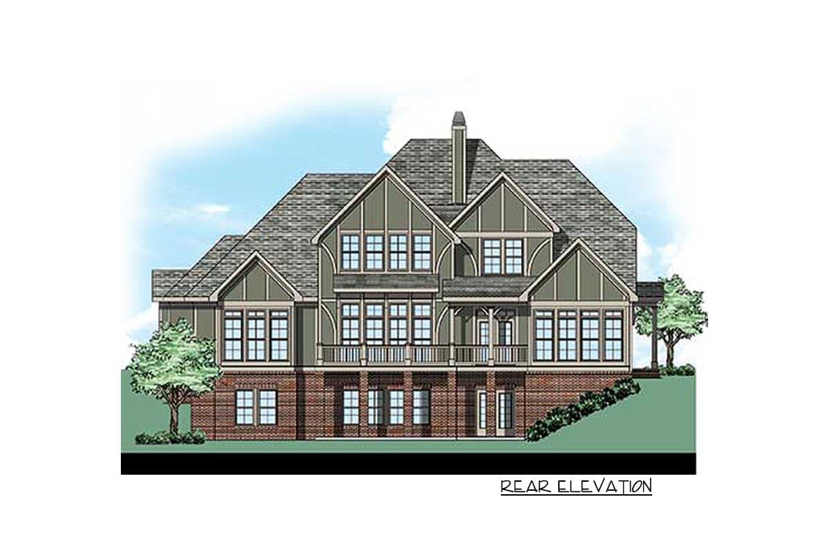 Rear elevation drawing of a multi-story house with gables, dormers, and a covered balcony.