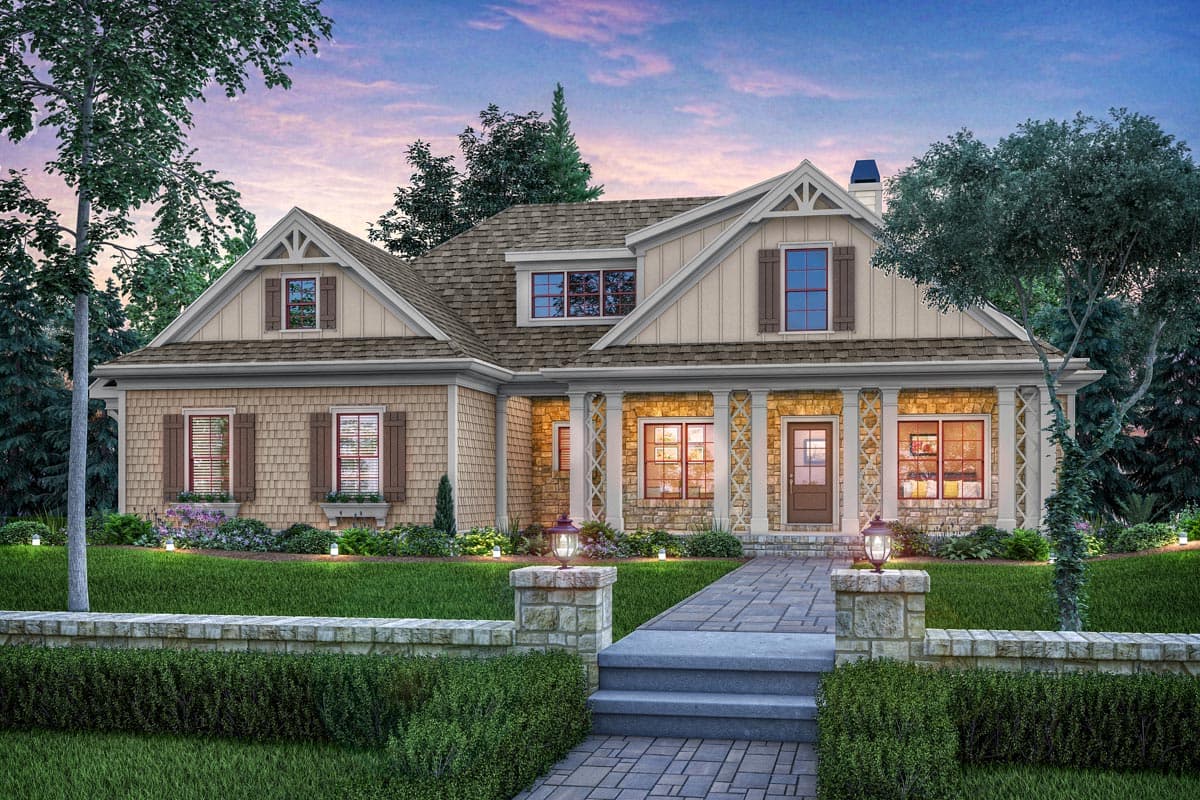 House plan exterior. Craftsman style with two stories, gabled roof, columned porch, and multiple dormers.