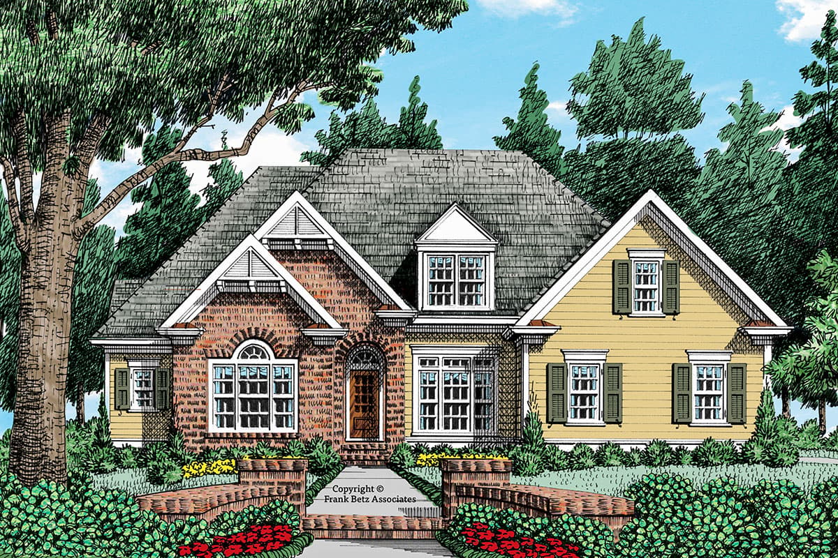 House plan exterior with brick and siding, multiple gables, and dormers. Features include a brick entryway and a prominent roofline.
