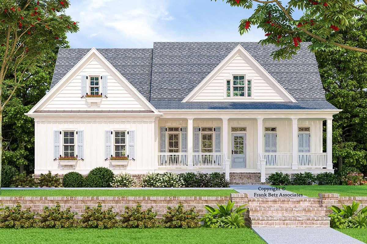 House plan exterior rendering. Cottage-style with a single story, front porch, gables, and shuttered windows.