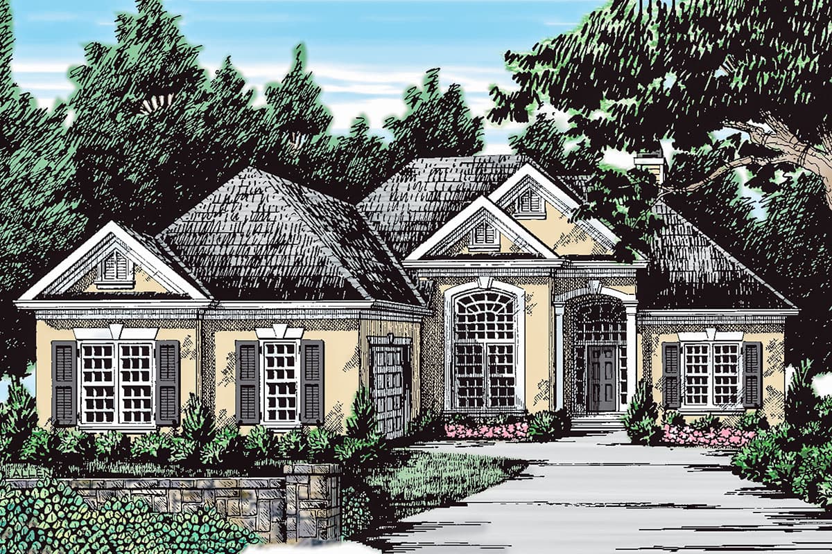 House plan exterior. Two-story, European-style home with gabled roof, dormers, and arched window over the front entrance. Garage visible.