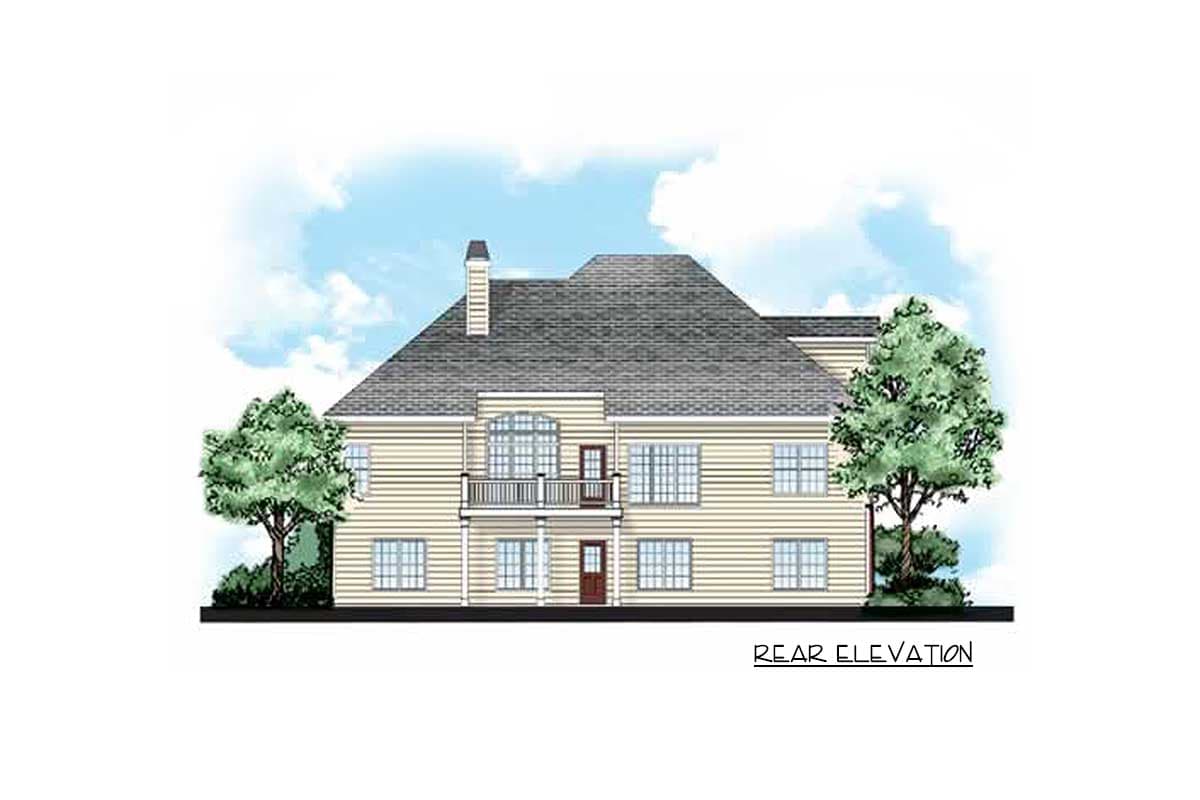 Rear elevation house plan showing a two-story home with a central balcony, gabled roof, and chimney.