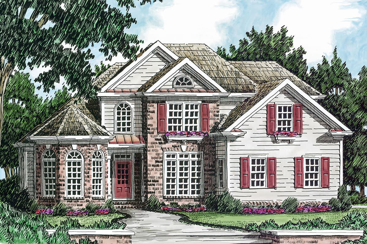 House plan exterior. Two-story with brick and clapboard siding. Features include multiple gables, arched windows, and a portico with a conical roof.