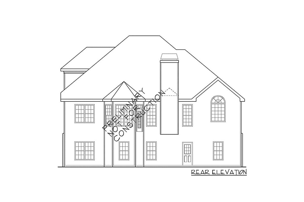 Rear elevation of a two-story house plan showing a central chimney, multiple windows, and a prominent roofline.