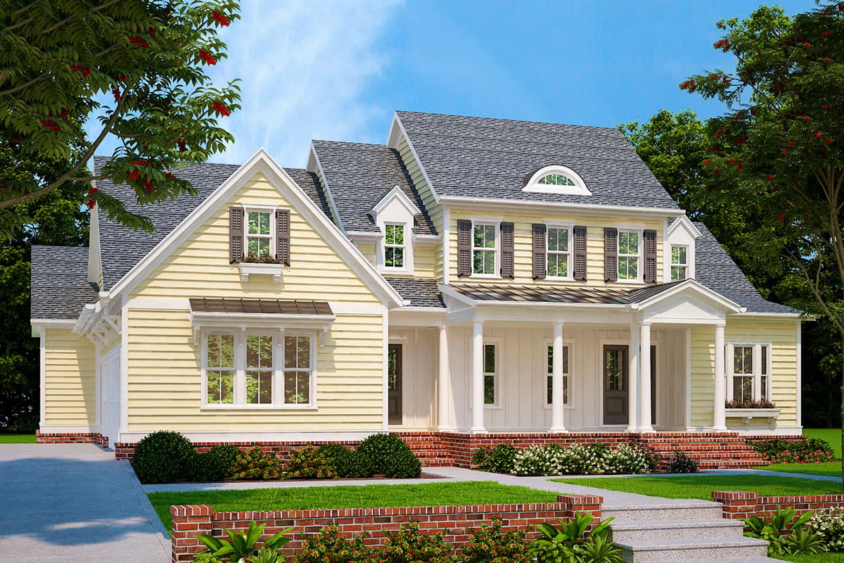 House plan exterior featuring a two-story Colonial style with a front porch, gables, and multiple dormers. Includes a detached garage.