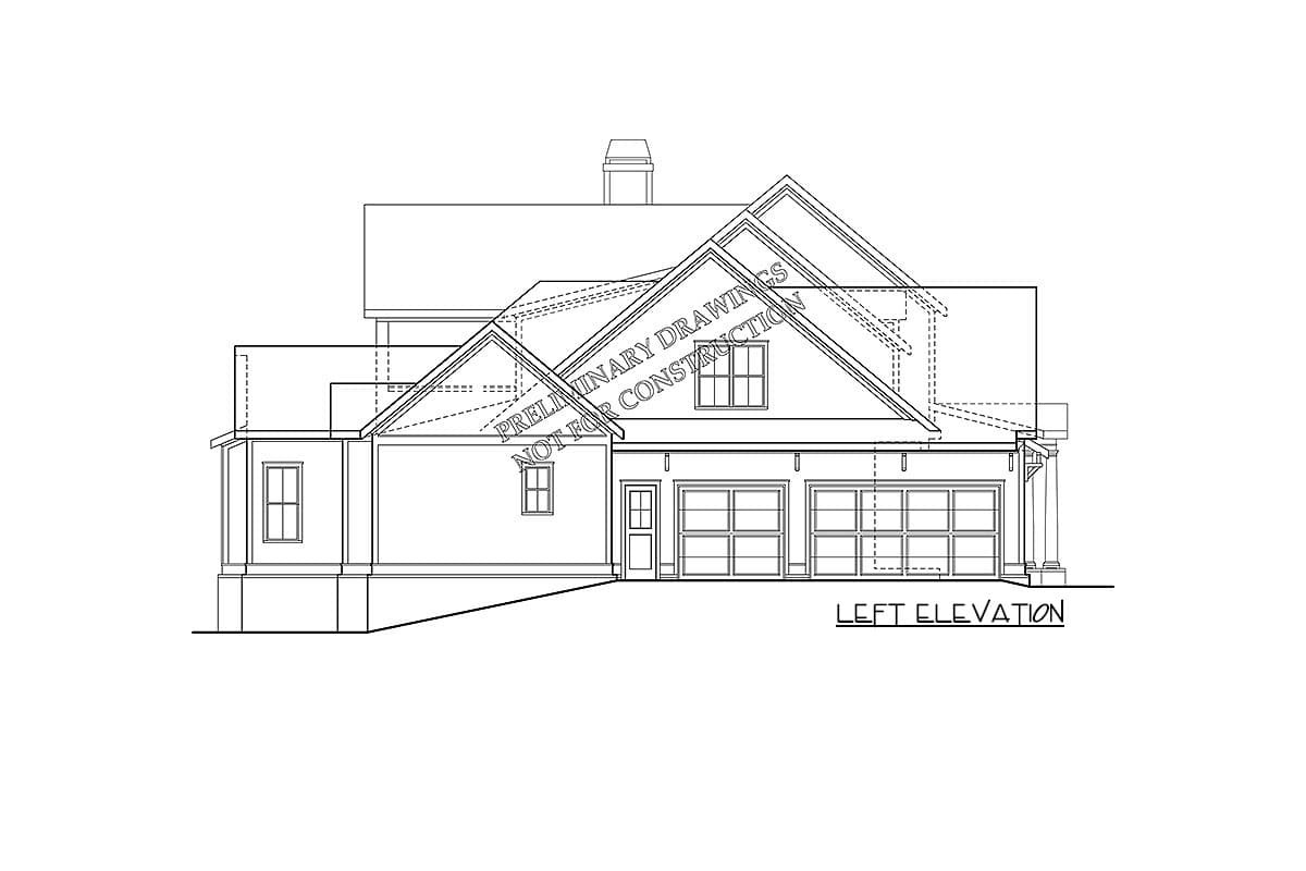 Left elevation of a house plan showing two garage doors, a front door, a gable roofline, and a chimney.