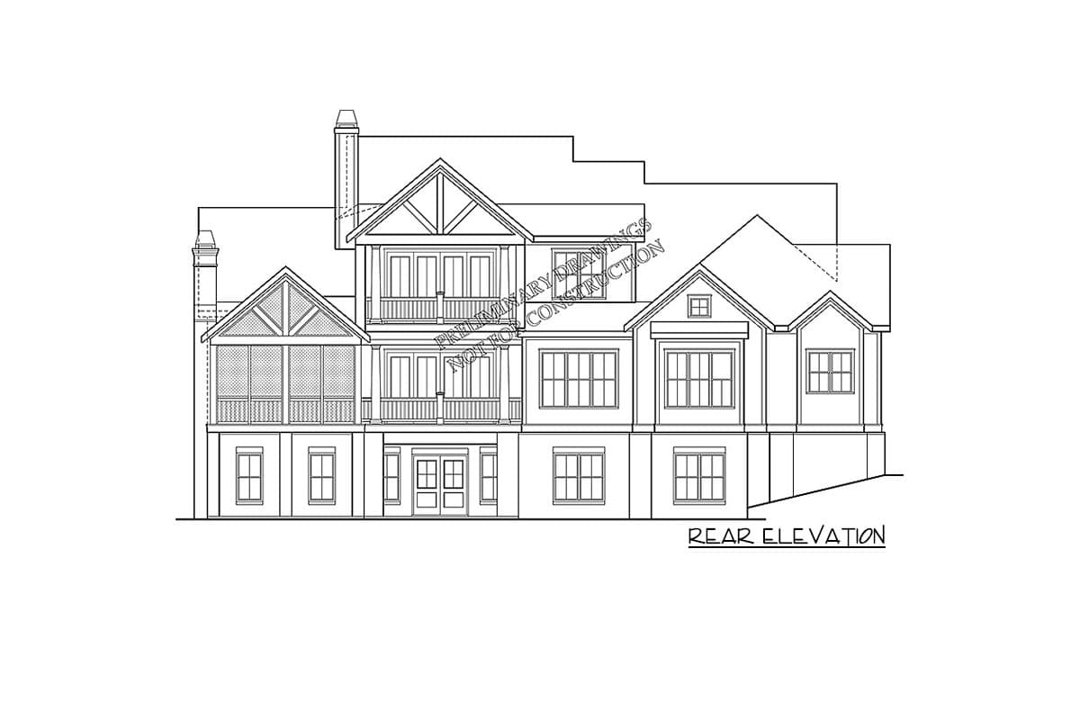 Rear elevation house plan showing multiple gables, screened porch, balconies, and varied window styles.