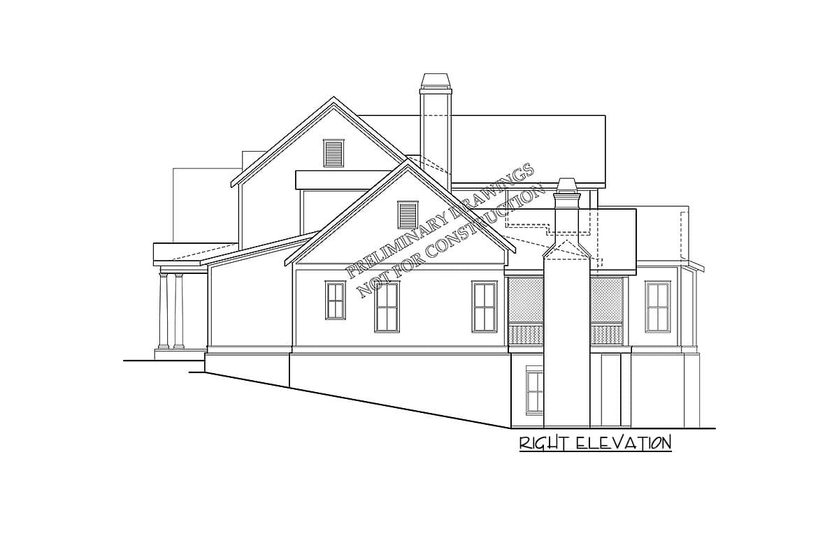 Right elevation drawing of a multi-story house plan with gables, dormers, columns, and chimneys.
