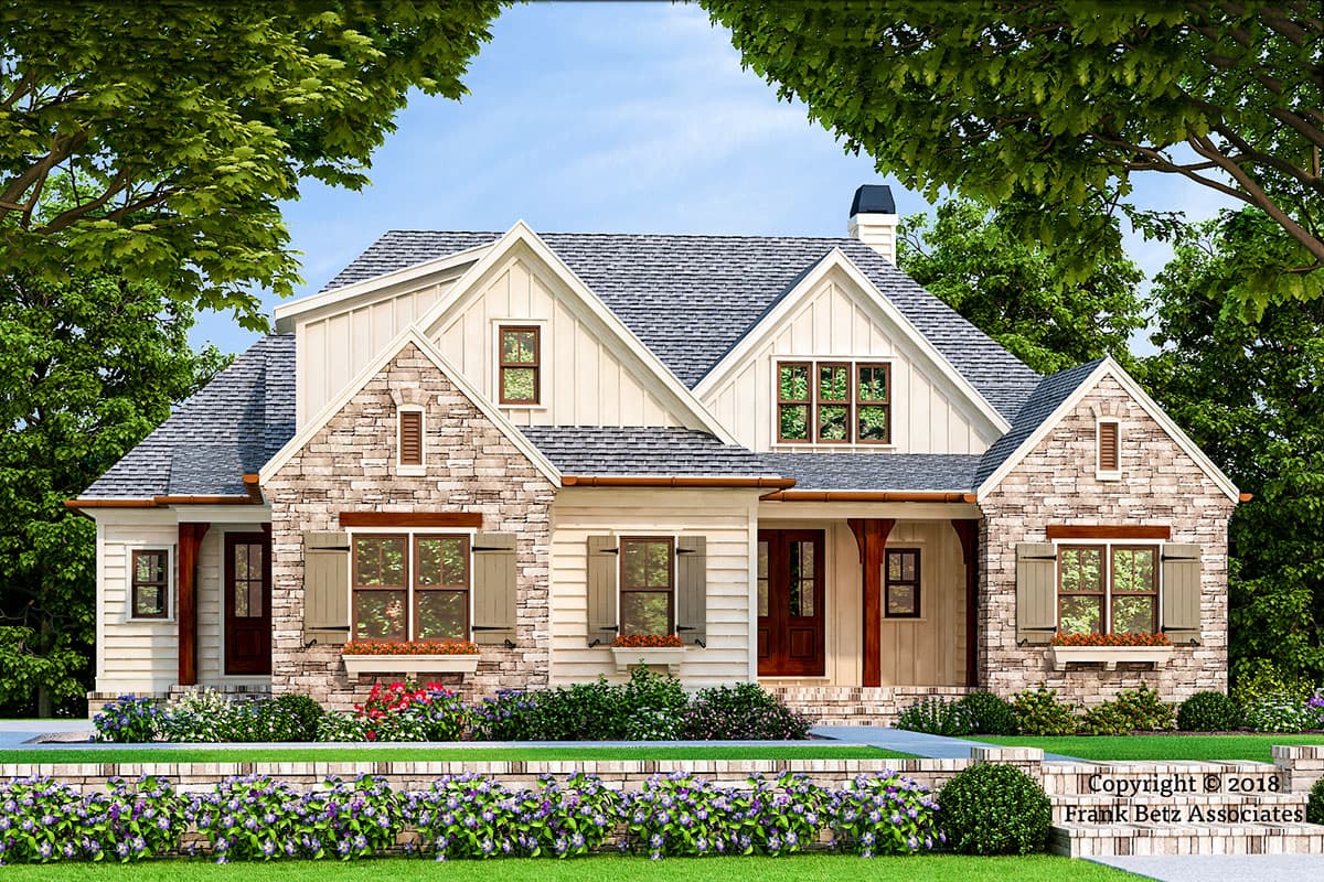 House plan exterior featuring a two-story farmhouse style with gabled rooflines, stone accents, and a covered porch. Windows have shutters.